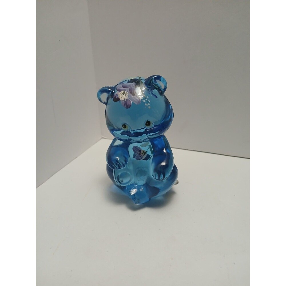 ​Fenton‎ Blue Mini Bear Hand Painted Violets Signed 95th Anniv Glass Vintage